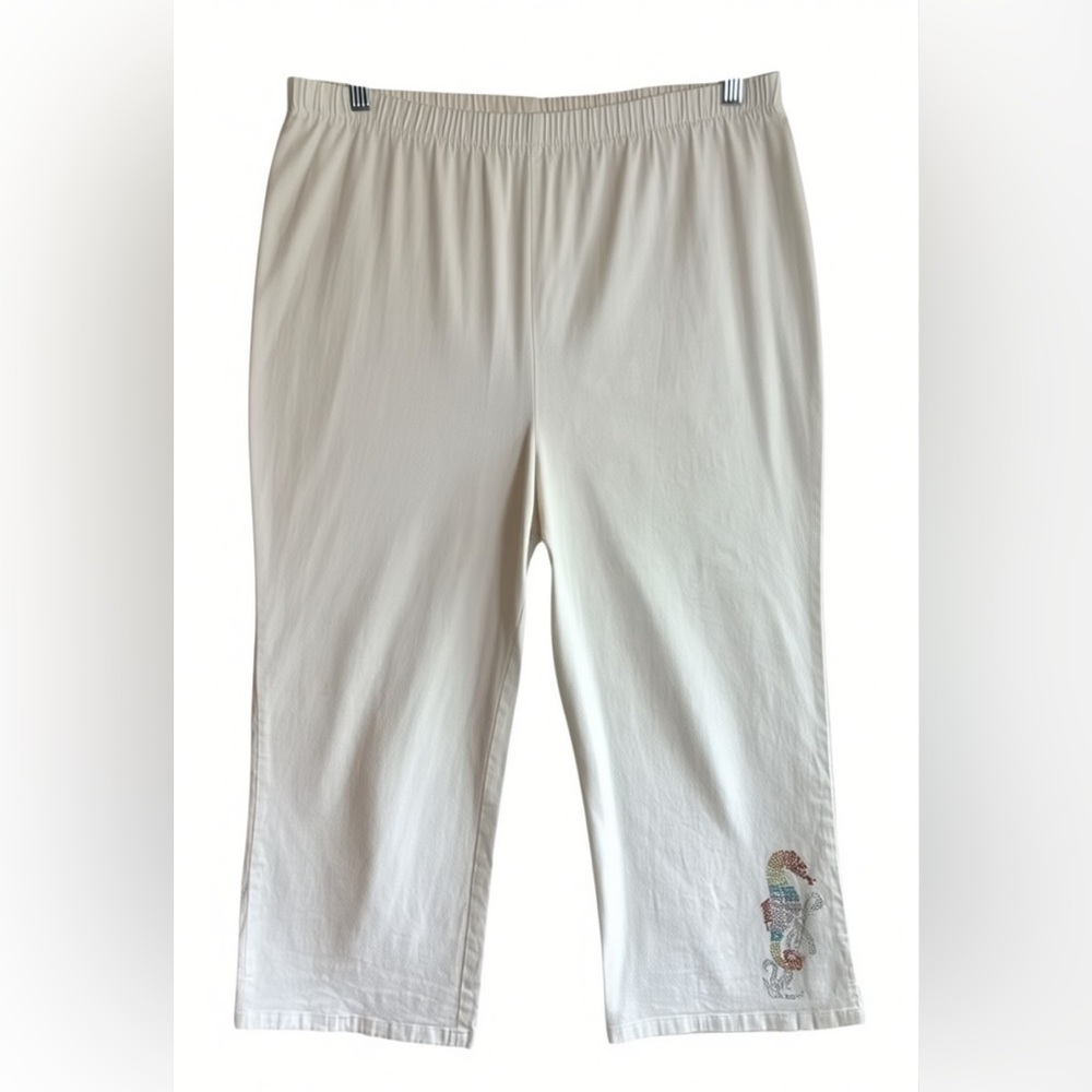 Denim 24/7 White Capri Pants 22W Rhinestone Seahorse Elastic Waist